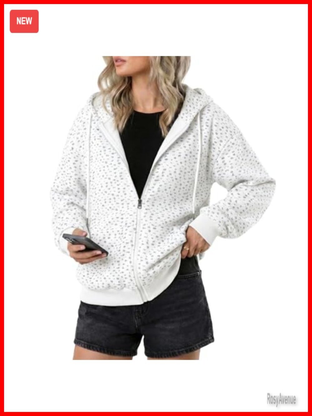 Waffle Zip Up Hoodie 100% Cotton Long Sleeve Floral Hooded Sweatshirt